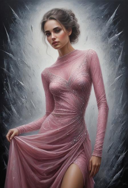 a beautiful lady in a pink asymmetric dress long sleeve arms covered in silver crystals, 8k and HD, soft lighting by Dan Mumford,Andy Kehoe,Luis Royo.  Portrait of a girl, very beautiful girl, full body, a painting of a woman Charming pencil sketches by Albert Eckhout, in full color In this fascinating acrylic painting you can see a charming woman. The dress is very elegant and very well made. This stunning image captures the viewer's attention with its vibrant tones and dreamlike atmosphere. The expertly crafted brush strokes and intricate details show the artist's skill, making the image truly captivating. Through vivid colors and meticulous execution, the painting showcases the artist's ability to create a stunning and visually striking depiction.