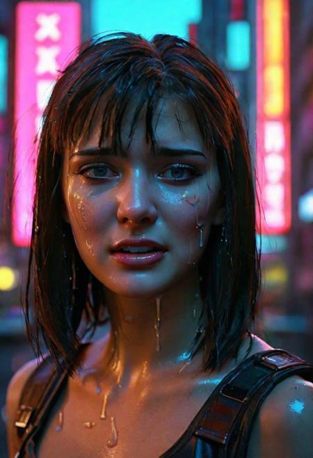 (pop art:1.0)"Visualize a professional, (Cry:1.5), (Crying:1.5),high-resolution, mid-body portrait that brings to life the nuanced realism of a young woman with Android characteristics, amidst the distinct ambiance of a Utopia city. This photograph, captured with an advanced digital SLR camera, is renowned for its exceptional detail resolution and depth of field capabilities. Special attention is given to the woman's skin and eyes, aiming for an unparalleled level of realism that highlights the texture of her skin and the depth of her eyes, making them the focal points of the composition. The wide aperture setting ensures the subject is crisply in focus, with the city's neon-infused backdrop beautifully blurred, providing a contrast that accentuates the subject's features. The selection of the scene demands creativity and diversity, moving away from clichd representations to capture unique moments within the cyberpunk setting that are rich in detail and emotion. Advanced lighting techniques are employed to illuminate the skin and eyes vividly, showcasing the interplay of light and shadow that defines the contours and expressions. The aim is to create a portfolio of images that explore a variety of scenarios, expressions, and compositions, each telling its own story of the symbiosis between human and technology in a future world."8k,35mm,