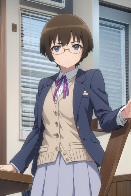 manamitamura, <lora:manami tamura s2-lora-nochekaiser:1>,
manami tamura, short hair, brown hair, (grey eyes:1.3), glasses,
BREAK skirt, school uniform, jacket, blazer, grey skirt,
BREAK indoors, classroom,
BREAK looking at viewer, (cowboy shot:1.5),
BREAK <lyco:GoodHands-beta2:1>, (masterpiece:1.2), best quality, high resolution, unity 8k wallpaper, (illustration:0.8), (beautiful detailed eyes:1.6), extremely detailed face, perfect lighting, extremely detailed CG, (perfect hands, perfect anatomy),