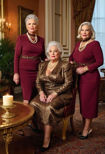style: photorealistic, 
crisp image, 
finest details, 
masterpiece, 
3 women, 
(a detailed photo of 3 mature plump slutty women:1.4), 
(wearing conservative elegant suits: 1.2), 
(in their 60s:1.5), 
they are looking snidely at the viewer, 
heavy golden collar chokers with gemstones, 
90s style intricate and white hair with braids, 
an opulent gold and burgundy styled coffehouse,
lighted by candles, 
sitting on a coffee table, 
the scenerie is full of very warm light and colors, 
open double-leaf balcony door with billowing curtains and sunset outside in the background,,
(looking at camera: 1.3), 
view from the Frog perspective, 
POV from the bottom in front of them