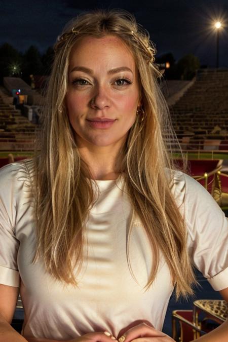 <lora:Cherry_Healey:1> masterpiece, best quality, detailed face, 1girl, solo, realistic, c1873h, long blonde_hair, king costume ,  amphitheater , night