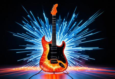 A powerful electric guitar, strings made of tiny neon glass filaments in fiery hues of orange, crimson, and electric blue. The guitar’s body features jagged, lightning-like patterns that pulse with vibrant energy, while the glowing strings appear mid-vibration, radiating waves of light. Behind the guitar, a dramatic explosion of neon light bursts outward in a starburst pattern, with sharp, angular edges resembling shattered glass. The backdrop is a dimly lit stage surrounded by swirling smoke and glowing embers, emphasizing the raw energy of rock music. The atmosphere is electrifying, rebellious, and dynamic, w0gf1l