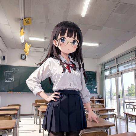 best quality, ultra-detailed, illustration,
,1girl, glasses, black hair, long hair, black eyes, school uniform, blush, looking at viewer, standing,
kyoshitsu, classroom, scenery, chalkboard, window, school, indoors, clock, sunlight, school desk, bulletin board, shade, curtains, school chair, ceiling light, shadow, artist name, book, ceiling, day, paper, 
 <lora:kyoshitsu_SD15_V3:0.8>