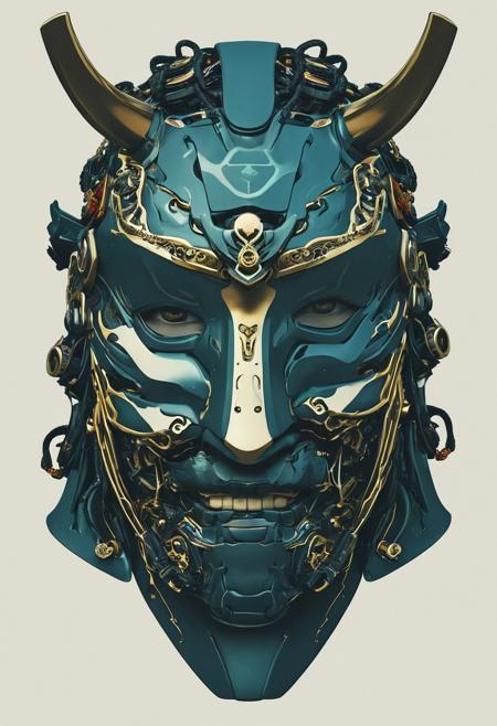 (S1n0z1ck Style) A digitally rendered illustration features a samurai adorned with a futuristic, cybernetic mask, expertly portrayed using a minimalistic flat color palette.
