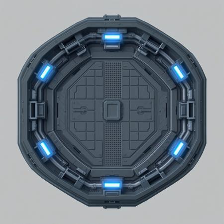2d game scene, game asset, 2d top-down map view of a sci-fi spaceship interior floor tile, perfectly centered, geometric flat-topped hexagon shape, clean lines, intricate details. A straight corridor with metal grating floor, glowing blue light strips along the edges, pipes and conduits on the sides. Industrial, utilitarian style. Isolated on a neutral grey background.