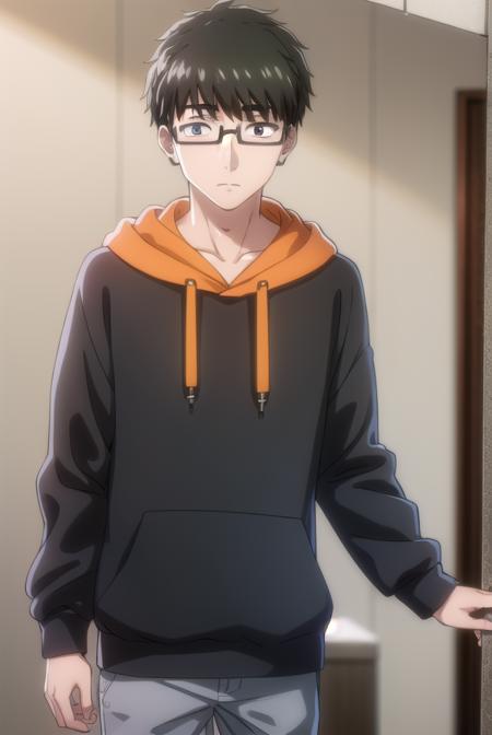 koikimomasuda, <lora:koikimo masuda s1-lora-nochekaiser:1>,
masuda, short hair, black hair, male focus, glasses, black-framed eyewear, (black eyes:1.5),
BREAK socks, pants, hood, hoodie, hood down, grey pants, grey socks, orange hoodie,
BREAK indoors,
BREAK looking at viewer, (cowboy shot:1.5),
BREAK <lyco:GoodHands-beta2:1>, (masterpiece:1.2), best quality, high resolution, unity 8k wallpaper, (illustration:0.8), (beautiful detailed eyes:1.6), extremely detailed face, perfect lighting, extremely detailed CG, (perfect hands, perfect anatomy),