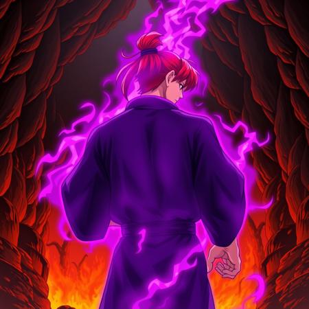 Magma cavern Background, STREET FIGHTER'S AKUMA, 1 man, backward, enveloped in purple aura, powerful, red hair, hair tied up, slightly red skin, dark blue kimono, kimono with ideogram japanese "ten", head turned to the right, demonic silhouette in your face.