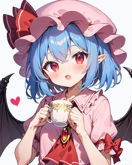 remilia scarlet,1girl, solo, mob_cap, looking_at_viewer, white_background, open_mouth, bat_wings, holding_cup, blush, heart, red_ascot, pink_headwear, simple_background, brooch, puffy_short_sleeves, upper_body, red_bow, :d, signature, hat_bow, skin_fang, hands_up, teacup, artist_name, hat_ribbon, pink_dress, medium_breasts, shirt, small_breasts
<lora:remilia_scarlet_image7486_2023-12-11:1>,star-shaped_pupils,symbol-shaped_pupils,. gorgeous,key visual, vibrant, studio anime,award-winning, professional, highly detailed,high budget, cinemascope