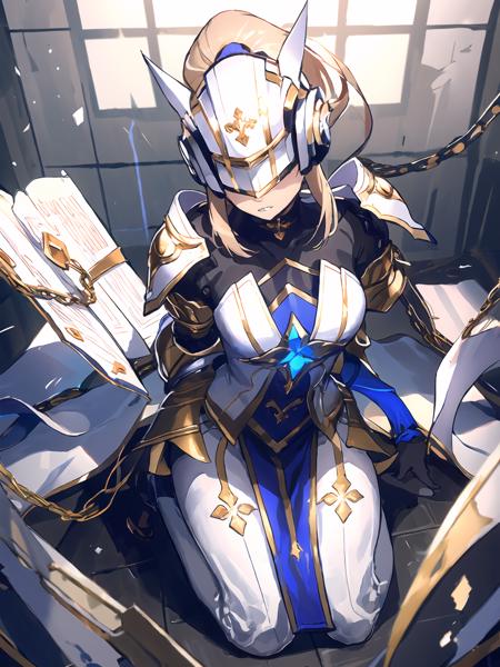 masterpiece,best quality,highres,cinematic lighting,dramatic angle,1girl,<lora:ShadowverseHolySaberV16-000029:0.8:lbw=jiangshi3>,alternative1, hair ornament,ponytail,ribbon,glowing,serious,shaded face,black bodysuit,white and blue dress,,white helmet,covered eyes,eyes covered,looking at viewer,depth of field,clenched teeth,close-up,pelvic curtain,kneeling,chain,from above,arms behind back,bound wrists,cuffed, wrist cuffs, prison, torn clothes,legs spread