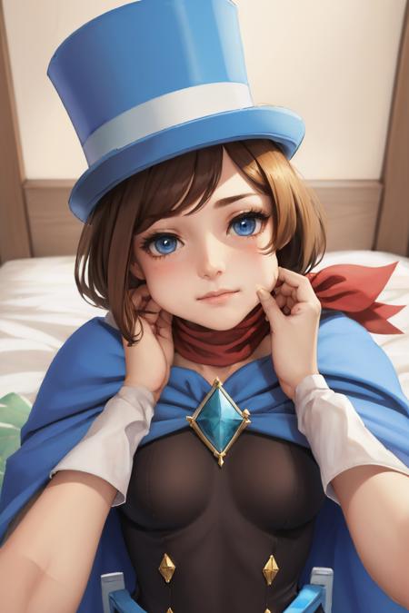 (masterpiece, best quality:1.2), trucy wright, blush, embarrassed, looking at viewer, pinchingpov, pov, cheek pull, top hat, dress, cape, white boots, scarf <lora:aa_trucywright:0.8> <lyco:PinchingPOV:1.0>