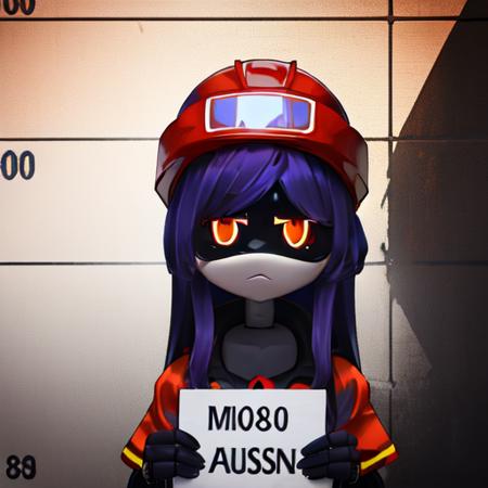 (8k uhd, masterpiece, best quality, high quality, absurdres, ultra-detailed, detailed background) Doll, android, no humans, orange eyes, purple hair, long hair, red helmet, mugshot, height chart, 1girl, upper body, holding sign, looking at viewer, <lora:Murder-DronesV1R:1> <lora:mugshot:0.5>