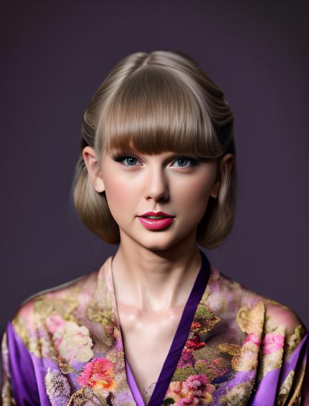 TaylorSwift, [ (art by Hein Gorny:1.0) :art by Miss Aniela:14], photograph, Tangible Chinese (Female:1.1) , wearing [Cloth:Nylon:15] robe with teriyaki images, Smoky Conditions, Lustful, Decopunk, film grain, film camera, Circular polarizer, dark violet color grading, Golden ratio, UHD, beautiful,  <lora:TaylorSwiftSD1.5:1>