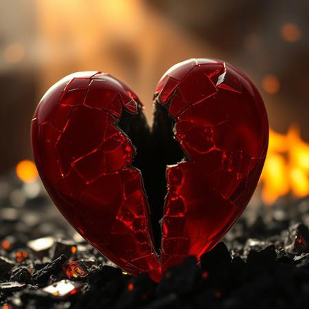 Close-up shot of a red shattered glass heart, bisected along its central axis, revealing a dark, ominous core. Soft, golden light pours down from above, bathing the scene in a warm, ethereal glow. The surrounding environment is a blurred haze of black lava and flames and ash, adding depth and mystery to the composition. The level of detail is meticulous, with each shard of glass and every texture rendered in high definition.
