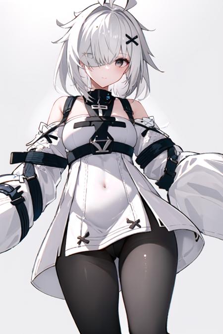 1girl,  <lora:AGM-000010:0.6>, <lora:21:0.8>bangs,pantyhose,white hair,((long sleeves)), bandage over one eye,standing