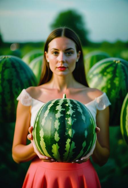 A cinematic still, brunette bombshell holding her alien watermelon baby, Leica M3, film grain