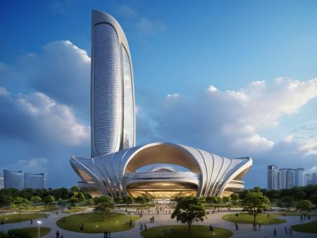 <lora:JJsCurvyArchitecture_XL:1>,((CurvyArchitecture)) , ((best quality)),((masterpiece)),((realistic)), outdoors, cloud, blue sky, no humans, building, scenery, city, cityscape, skyscraper,  center composition, park,  car, tree, dramatic lighting,