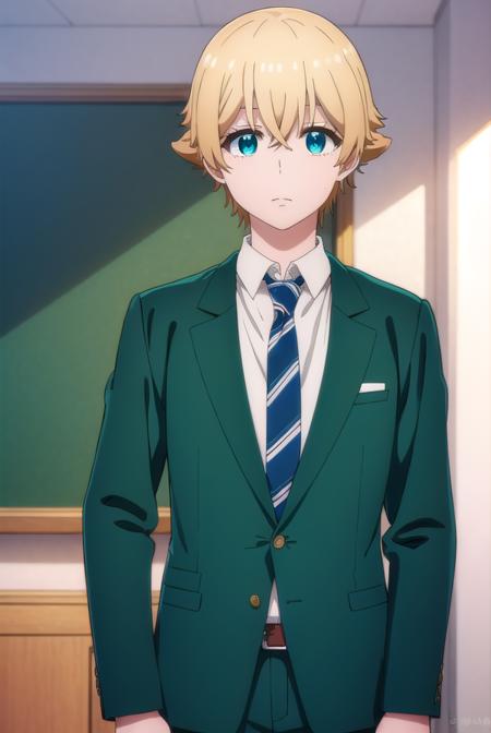 kousukemisaki, <lora:kousuke misaki s1-lora-nochekaiser:1>,
kousuke misaki, short hair, blue eyes, blonde hair, hair between eyes, male focus,
BREAK shirt, long sleeves, school uniform, jacket, white shirt, open clothes, necktie, collared shirt, pants, open jacket, black pants, blazer, red necktie, (green jacket:1.5), brown pants,
BREAK indoors, classroom,
BREAK looking at viewer, (cowboy shot:1.5),
BREAK <lyco:GoodHands-beta2:1>, (masterpiece:1.2), best quality, high resolution, unity 8k wallpaper, (illustration:0.8), (beautiful detailed eyes:1.6), extremely detailed face, perfect lighting, extremely detailed CG, (perfect hands, perfect anatomy),