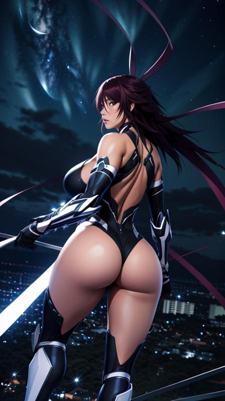 1woman, Mizuki_Shiranui, (MiSh-Taimanin-suit and high_leg:1.2), hair ribbon, (from behind, night sky:1.3), huge breast,
(masterpiece, high quality, best quality, 4k, 8K, 16K, highres, absurdres:1.2)  <lora:Mizuki_Shiranui_v1:0.7>