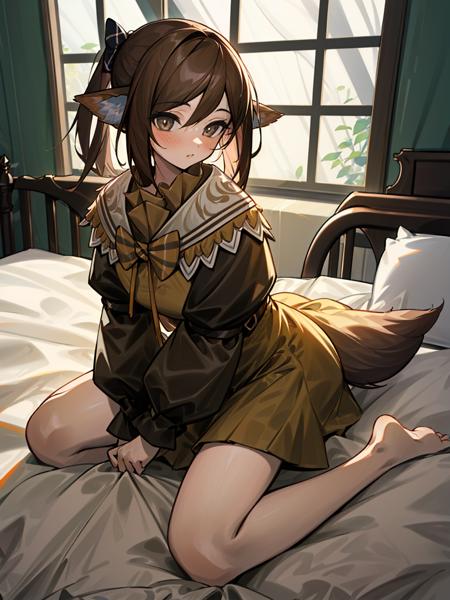 ((masterpiece,best quality)), highres, 1girl, perfumer la, brown dress, long sleeves, barefoot, fox tail, wariza, on bed, indoors, ((masterpiece,best quality)), highres, 1girl,