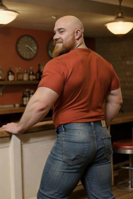 photo of a bearded bald  man, red  thsirt,  tight  jeans, in a biker bar, stocky, left from back side, chubby,  muscled butts, in public toilet, looking to viewer, looking at the camera, above the knee,  smile