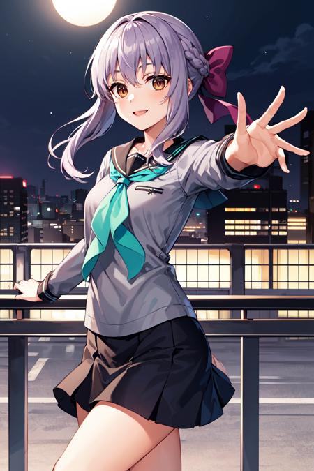 masterpiece, best quality, highres, aashinoa, hair bow, serafuku, sailor collar, green neckerchief, grey shirt, long sleeves, black skirt, <lora:hiiragi_shinoa_v1:0.7>, rooftop, city, night, outstretched arms, smile, standing