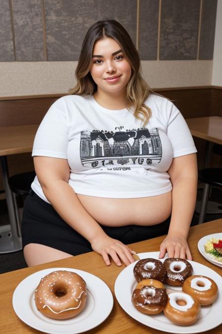 straight on view beautiful thick bbw obese blonde girl sitting in a booth at a donut shop, (flat chest:1.2), tight clothes, undersized dolphin shorts, crop tee shirt, (eating lots of sprinkled donuts), hands resting on her stomach, sitting at a table, (donut buffet:1.2), stacked plates on the table, shirt stained with greasy food
(plump:0.9), love handles, stuffing herself with donuts, large round stomach, (huge round gut),
digital illustration, trending on artstation, realism, (best quality, masterpiece, [insanely detailed], intricate:1.2), absurdres, [ultra detailed], [sharp focus], [high definition] <lora:plump-strong:1.5>, pretty face, nose, lips, beautiful eyes, (MarlaNobodySD15), smiling, Fat Rolls:1.2, blonde hair:0.7, gigantic fat belly