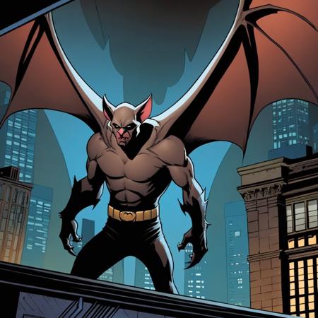 comic book art of  <lora:Man-Bat:1.2>
Man-Bat a creature is standing in a dark room in Gotham city universe, comic art, graphic novel illustration