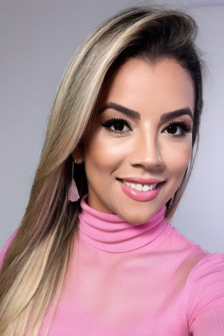 Photo of beautiful r0s4n4bumbum woman, detailed face smiling, (blurred background)+, pink turtleneck blouse