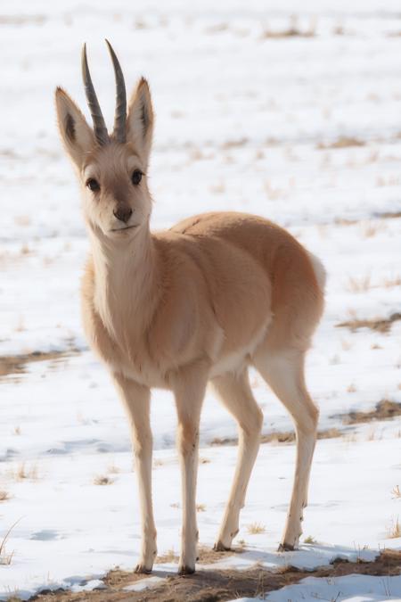 no humans, tibetan gazelle, horns, realistic, outdoors,  snow,    <lora:tibetan_gazelle_v1:0.72>