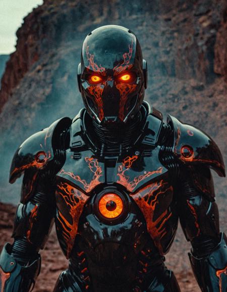 Surrealist art breathtaking cinematic film still colossal humanoid with obsidian-plated skin and deep magma-like fractures glowing red-orange, one glowing cybernetic eye locked in grim focus, armor slick with cosmic tar, ancient warrior of a dying universe, heavy texture and weight in face and suit, captured on Kodak Ektachrome 100, Sony A7R V with 85mm macro lens, tone of finality and universal entropy,<lora:add-detail-xl:1>,OverallDetailXL,ArsMovieStill,<lora:MJ52_v2.0:0.7>,<lora:EldritchCandids1.1.2:0.75>,<lora:EpicF4nta5yXL:0.4> . shallow depth of field, vignette, highly detailed, high budget, bokeh, cinemascope, moody, epic, gorgeous, film grain, grainy . award-winning, professional, highly detailed . Dreamlike, mysterious, provocative, symbolic, intricate, detailed