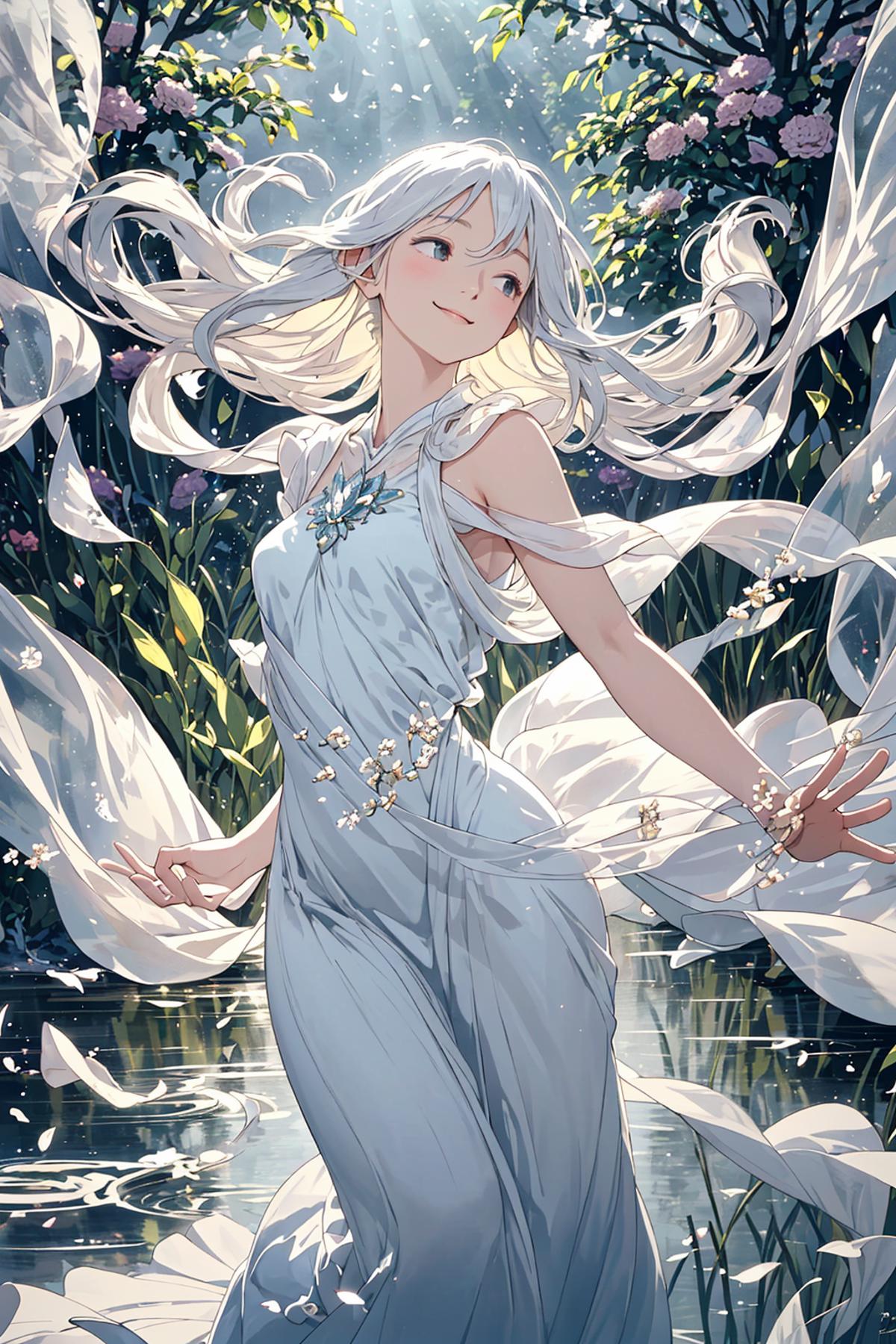 A beautiful fairy with white hair and a flowing dress.