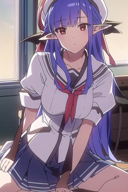 shufflenerine, <lyco:nerine-LYCORIStest:1>,
nerine, long hair, blue hair, pointy ears, (red eyes:1.5),
BREAK skirt, hat, school uniform, short sleeves, socks, puffy sleeves, puffy short sleeves, beret,
BREAK looking at viewer,
BREAK indoors, classroom, 
BREAK <lora:GoodHands-vanilla:1>, (masterpiece:1.2), best quality, high resolution, unity 8k wallpaper, (illustration:0.8), (beautiful detailed eyes:1.6), extremely detailed face, perfect lighting, extremely detailed CG, (perfect hands, perfect anatomy),