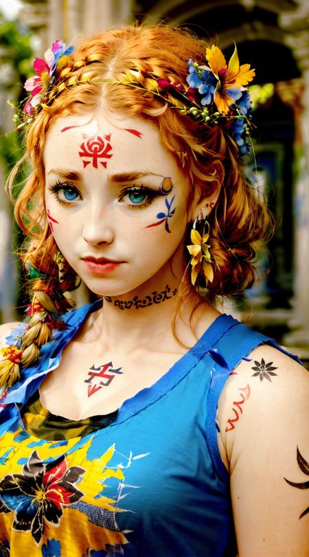 Freya Mavor, painting of a beautiful monster girl with twigs and flowers in her hair. facing camera . deep cleavage, wearing a t-shirt , yellow-red-blue color, close up character, punk woman with runic tattoos. in a fantasy temple. slim, (small breasts), (t-shirt, open vest, midriff) <lora:Freya-Mavor-v10:0.7>