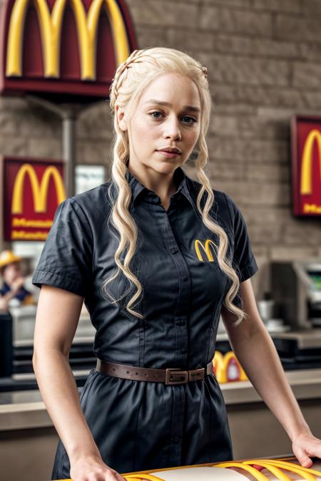 masterpiece, stunning portrait photo of khls woman,  as a (mcdonalds employee:1.2)
  <lora:KhaleesiDogu:1>