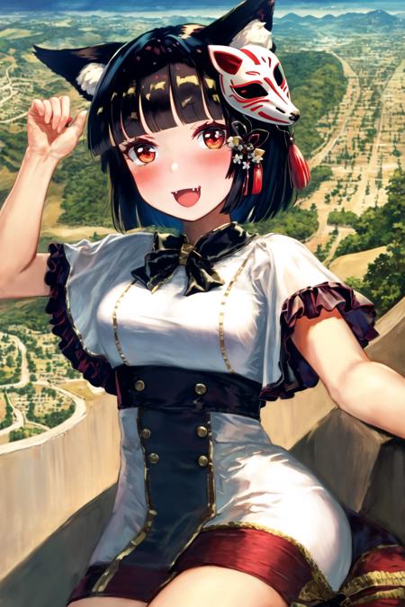 illustration, best quality, highly detailed, amb, 1girl, alternate costume, animal ear fluff, animal ears, bangs, black hair, blunt bangs, blush, bow, capelet, cat ears, cat mask, dress, fang, flower, hair flower, hair ornament, happy, looking at viewer, mask, mask on head, mountain, open mouth, outdoors, pointing, red eyes, short hair, sitting, smile, solo, traditional clothes, white dress, yamashiro (azur lane) <lora:amibazh_v4-000012:1>