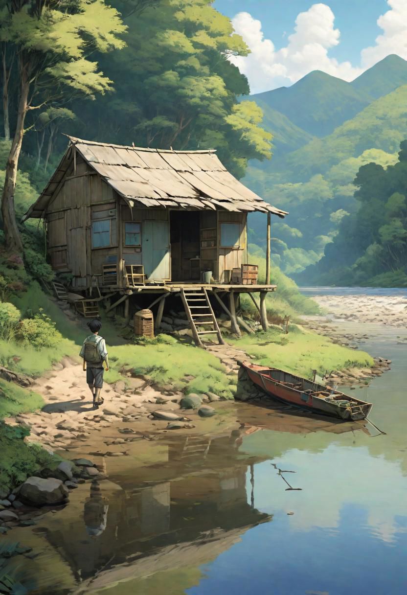 peaceful shack on the side of a river, young man walking away from shack, strong facial features,empty chair with a fishin...