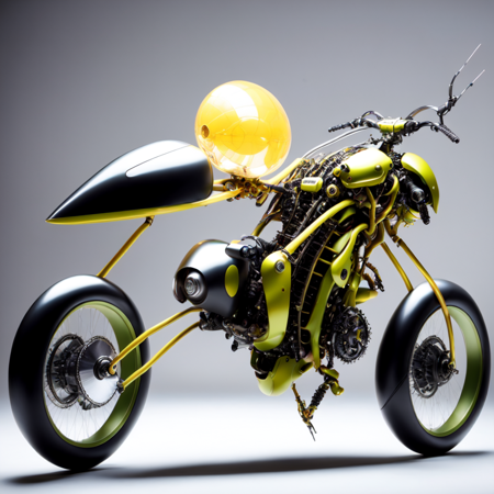 photo, motorcycle that has been designed to look like a robot (InsectBike style:1) <lora:djzInsectBikeV21:1>