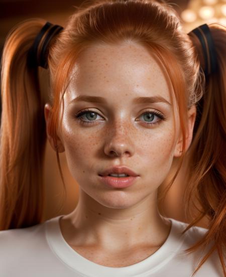 photo,8k,sharp focus,beautiful woman,close up,t-shirt,(detailed eyes:0.8),(looking at the camera:1.4),(highest quality),(best shadow),brown eyes,rim lighting,two tone lighting,dimly lit,low key,intricate details,interior,ponytails,ginger hair:1.3,open mouth:0.7,freckles, <lora:HelenS:1> <lora:x4-upscaler-ema:1>