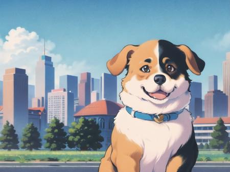 (best quality, masterpiece, illustration:1.1), (dog:1.1), city, outdoors, <lora:NoiseformV1:1>