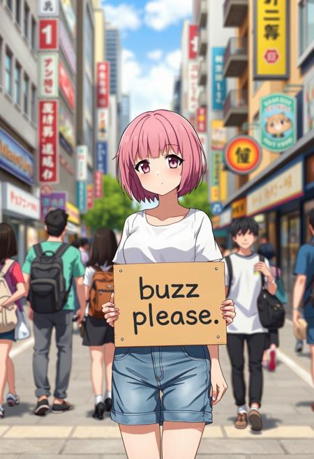 anime girl with short pink hair wearing a white t-shirt and denim shorts holding a cardboard sign that says 'buzz please', standing in a busy city street with bustling people around