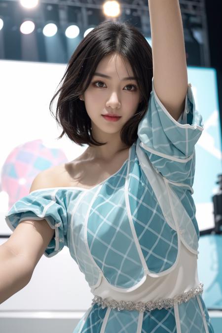 masterpiece,intricate,depth of field,best quality,1girl,solo,plump,smile,asian,white skin,21y.o,beautiful,black hair,(medium hair:1.4),looking into viewer,(wearing hinatazaka46 11th single live perform costume:1.3),(aqua dress:1.2),(argyle:1.2),(short sleeves:1.2),(from front:1.3),jewelry,collarbone,bracelet,lace,bare shoulders,sandals,<lora:Hinatazaka46_11th_Single_Live_Perform_Costume:0.8>,(day:1.1),(cinematic light:1.2),(portrait:1.2),(upper body:1.3),idol,(stage:1.5),(aqua blue neon light:1.2),(dancing:1.5),(giant stage:1.1),(tokyo dome:1.3),, RAW photo, subject, (high detailed skin:1.2), 8k uhd, dslr,soft lighting,high quality, film grain, Fujifilm XT3, <lora:epiNoiseoffset_v2-pynoise:1>, highres,huge filesize,HD,highest quality,best quality,highly detailed hair,proportional body,proportional breasts,beautiful breasts,highly detailed skin,goosebumps,visible pores,intricate,masterpiece,ultra high res,photorealistic,depth of field,RAW photo,best quality,realistic,photo-realistic,an extremely delicate and beautiful,CG,finely detail,absurdres,, <lora:add_detail:0.5>,add_detail