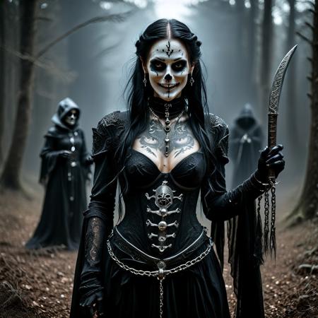 Set in a dark eveil forrest, a Wide angle, full body image of A deliciously evil, breathtaking, terrifying, and powerfully feminine portrayal of a hybrid between a modern witch and a female Grim Reaper, with long, jet-black hair intricately braided down her back, each braid woven with dark, shimmering threads of power. Her skeletal nostrils and nose are adorned with an elaborate nostril chain, nasalang, and nosechain, linking delicate, glinting black metal that highlights her predatory, evil smile. Her face is a canvas of menacing beauty, featuring corpse paint mixed with sugar skull-inspired designs, intricately etched in white and black, casting a haunting contrast against her smooth, pale skin. Her white, pupil-less eyes are unsettling, radiating an unnatural power that captivates and terrifies all who dare meet her gaze. She weilds and evil and wicked looking two handed scythe, engraved with glowing ancient runes of evil power. She is clothed in layers of tattered black garments that seem to have a life of their own—billowing and shifting as though touched by an unseen wind. These fabrics cling to her form in dark, flowing waves, creating an ethereal effect, somewhere between spectral and death-metal warrior. The fabric is adorned with subtle symbols, sigils, and markings of ancient witchcraft, woven into the very threads of her outfit. Her arms, neck, and chest are covered in intricate tattoos—some abstract, others depicting ancient sigils and runes of forbidden power