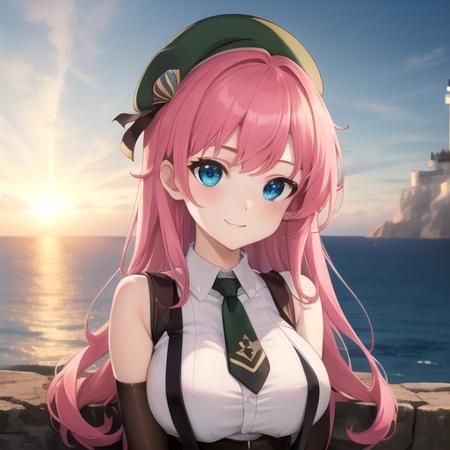 ((masterpiece)),(best quality),official art,extremely detailed CG,unity 8k wallpaper,ultra detailed,A lighthouse on a cliff by the sea,1girl,solo,upper body,(portrait:1.2),large breasts,gloves,suspenders,shorts,long hair,necktie,seductive smile,beret,pink hair,fingerless gloves,blue eyes,black thighhighs,sleeveless,shirt,suspender shorts,looking_at_viewer,<lora:Novice female-1.7(TNT):0.6>