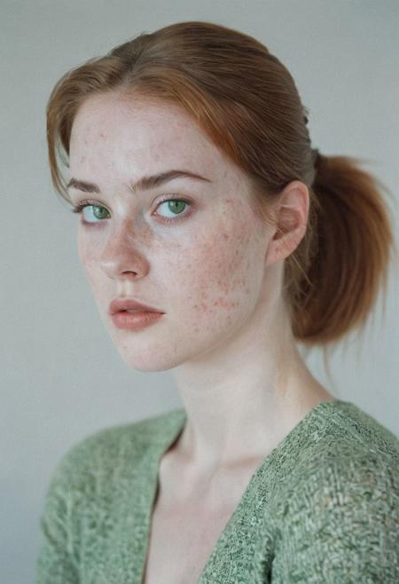 Retro film photo  in great natural lighting, low contrast and subdued. Film distortion and flaws, grainy blur in spots. A beautiful young woman with green eyes and Italian heritage vaguely resembling Tyler, Liv. Pale skin, the lightest freckles, hair pulled back into a tight ponytail. Full cheeks, rounded chin. 
She displays her body, coyly but suggestively, her soft breasts and fit body enticing. 
 inviting intimacy, thin wrists, slender waist, length legs, pubic mound. And thigh gap.  She is aching to make love but is also coy and hesitant, lacking self esteem. 
She looks tired and Strung out, but she is also achingly aroused and super turned on. Sensual passion, achingly horny.  White studio and pale.
