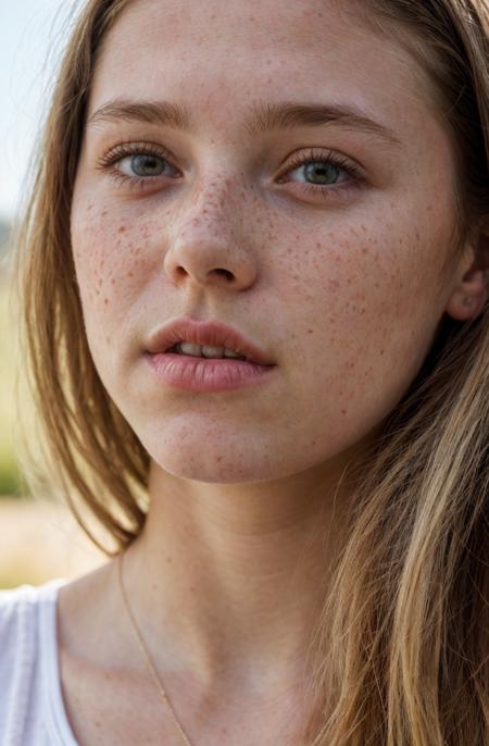 close-up portrait of a cute 20 year old woman, sorry look, submissive look, soft light, summer, freckles, goosebumps, hard shadows