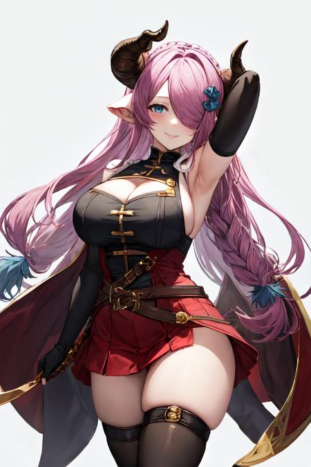 narmaya, solo, large breasts, single thighhigh, single braid, looking at viewer, gloves, thighs, uneven gloves, cleavage, 1girl, smile, asymmetrical gloves, simple background, white background, sideboob, blush, black thighhighs, armpits, thighhighs, elbow gloves, sleeveless, thigh strap, black gloves, arms up, demon horns<lora:narmaya:1>