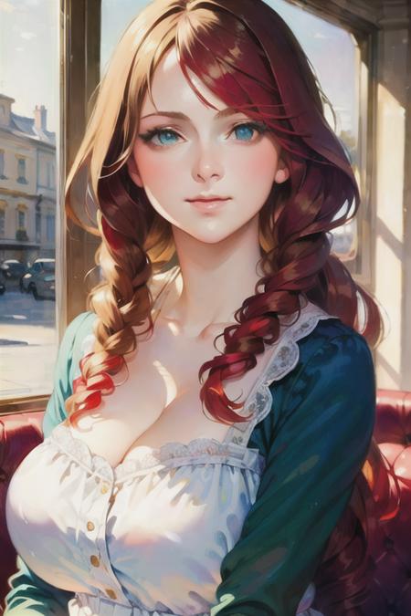 <lora:Victorian Anime Art v 2.0:0.3>,<lora:Victorian Anime Art:0.7>, (masterpiece, best quality:2.0), ((hyper detailed face, detailed eyes, best lighting, best shadows)), 1girl, girl posing for Monet, (art by Monet) , (blonde hair, blue eyes, long hair:1.5), looking at viewer, sitting in a cafe, (red hair, green eyes, short hair:1.5), looking at viewer, sitting inside a car