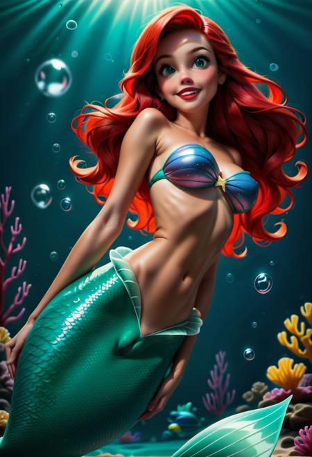 Score_9,score_8_up,  score_7_up,  score_6_up, bottom view,, ((very bulged cameltoes)), ((bulged vagina through mermaid tail)), sexy gaze,, cameltoes, from under, low angle,  disney anime, underwater, ((full body shot)), Ariel lying in a giant shell, underwater, (Ariel,  red lips, very cute smile, perfect rounded cameltoes, mermaid tail, youthful, petite, sexy:1.3), , (mermaid tail from her waist:1.2), detailed, cutr smile, seductive, , original style, semi realistic,  (expressive naughty gaze:1.2), (detailed face:1.2),