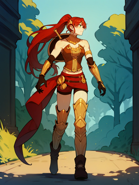 PyrrhaNik0s, 1girl, red hair, long hair, ponytail, green eyes, athletic female PyrrhaHuntress, bracers, boots, elbow gloves, leg armor PyrrhaSchUnif, school uniform, thighhighs, plaid skirt, jacket, black legwear PyrrhaDanDres, red dress, shoes, sleeveless PyrrhaPjms, orange pajamas, pants