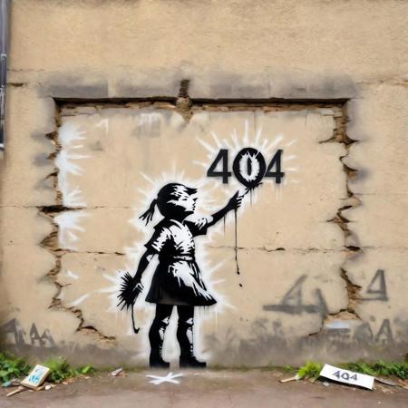 Banksy Style - banksy stencil of 404 error, text 404, thought-provoking graffiti street art, hyper detailed, natural lighting, studio quality, film grain, UHD, DSLR, sharp focus, 8k high definition, UHD ,DSLR, professional film photography, trending on Artstation, professional photo, insanely detailed, intricate details, masterpiece